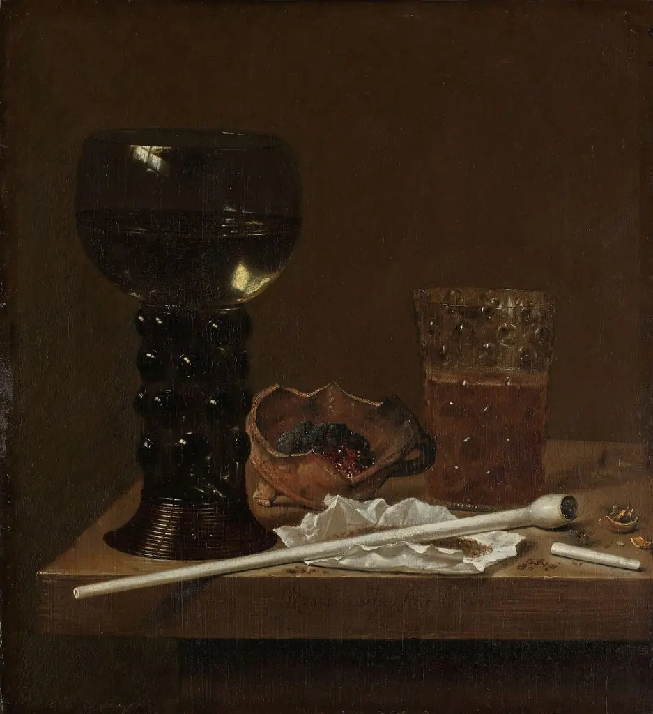Still life with wineglass, beer glass and pipe