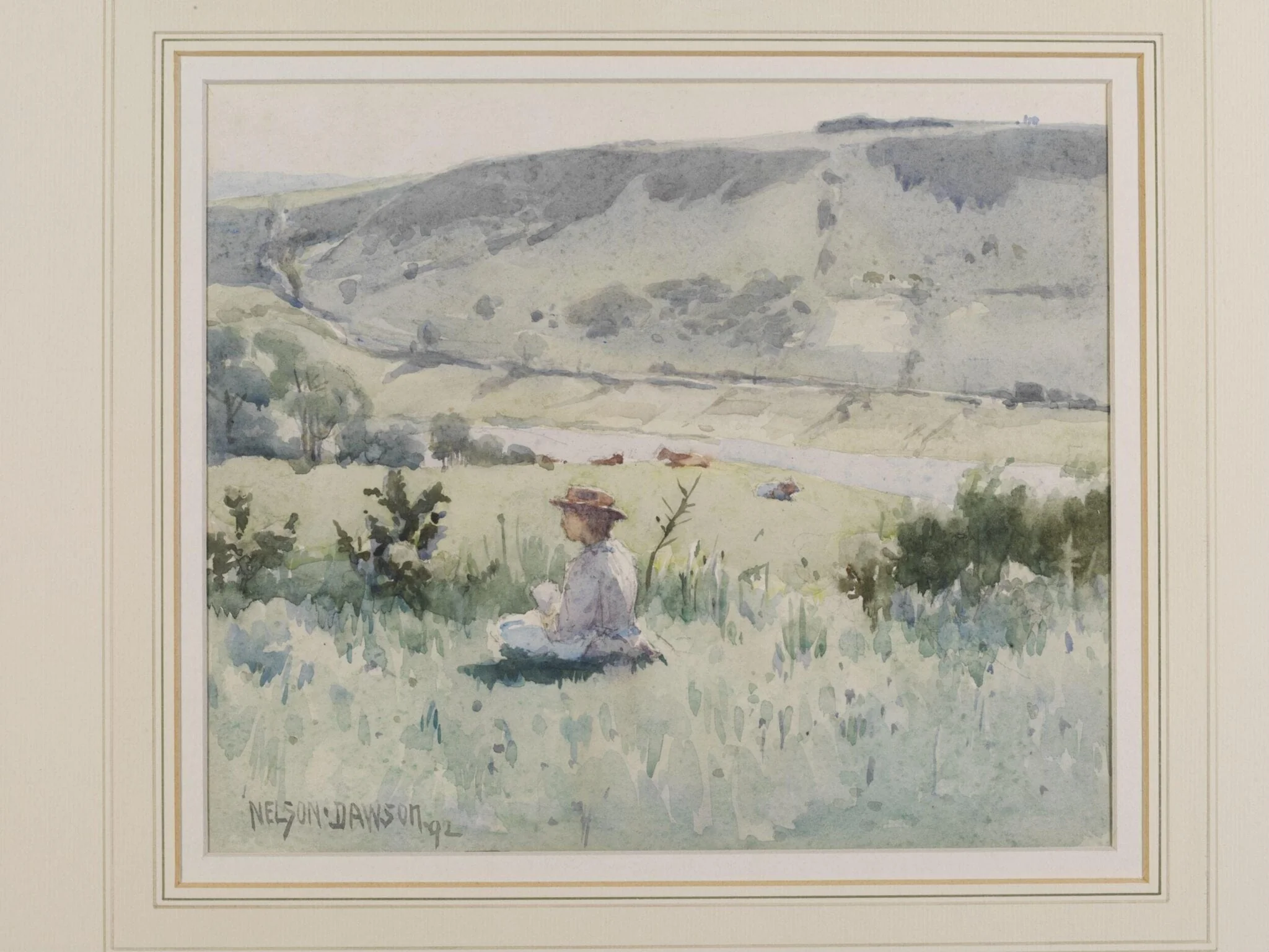 Landscape with a seated figure, by Nelson Dawson, watercolor, 1892