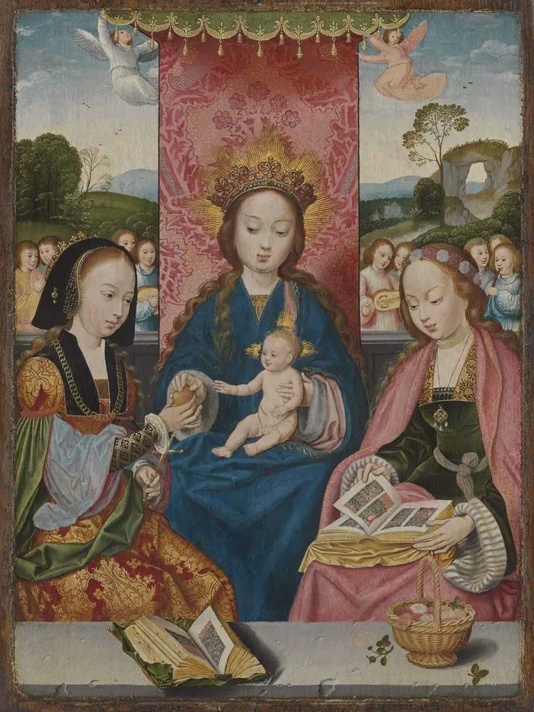 Virgin and Child with Saint Margaret and Dorothy and angels playing music