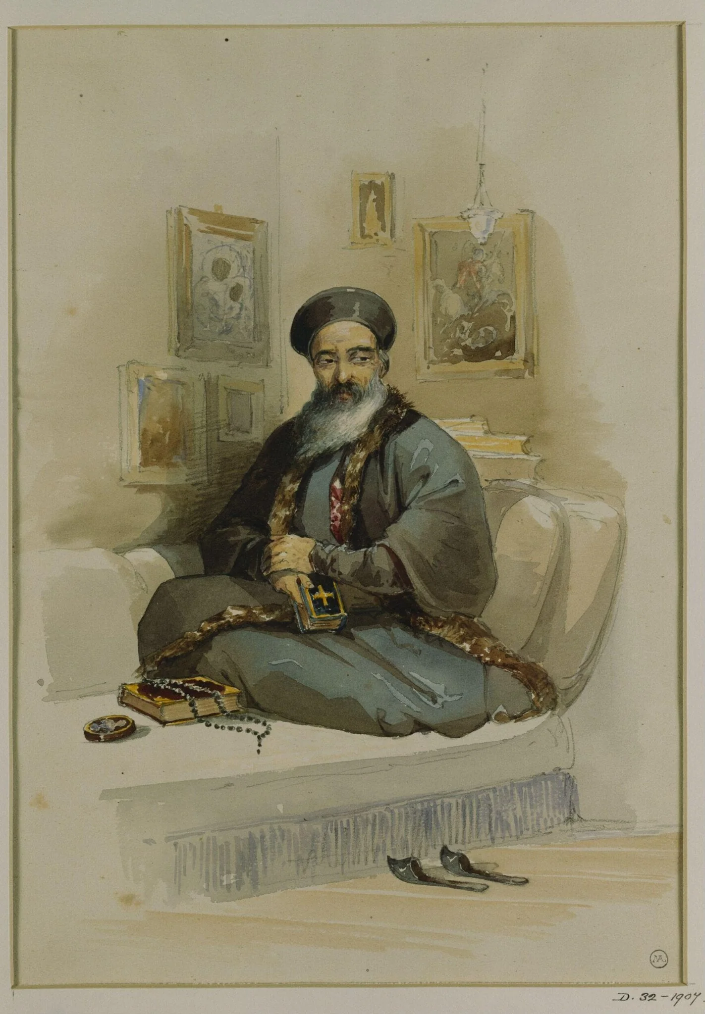 A Greek Priest, by Aloysius Rosarius Amadeus Raymondus Andreas Preziosi, watercolor, 1843