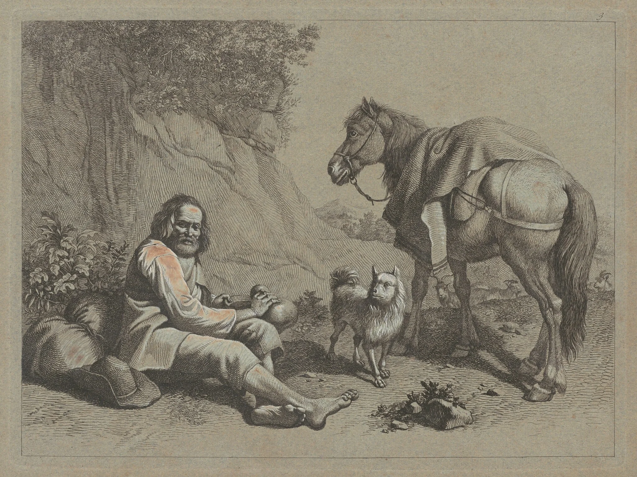 Seated Old Man about to Drink from a Gourd, by Francesco Londonio, ink, 1763