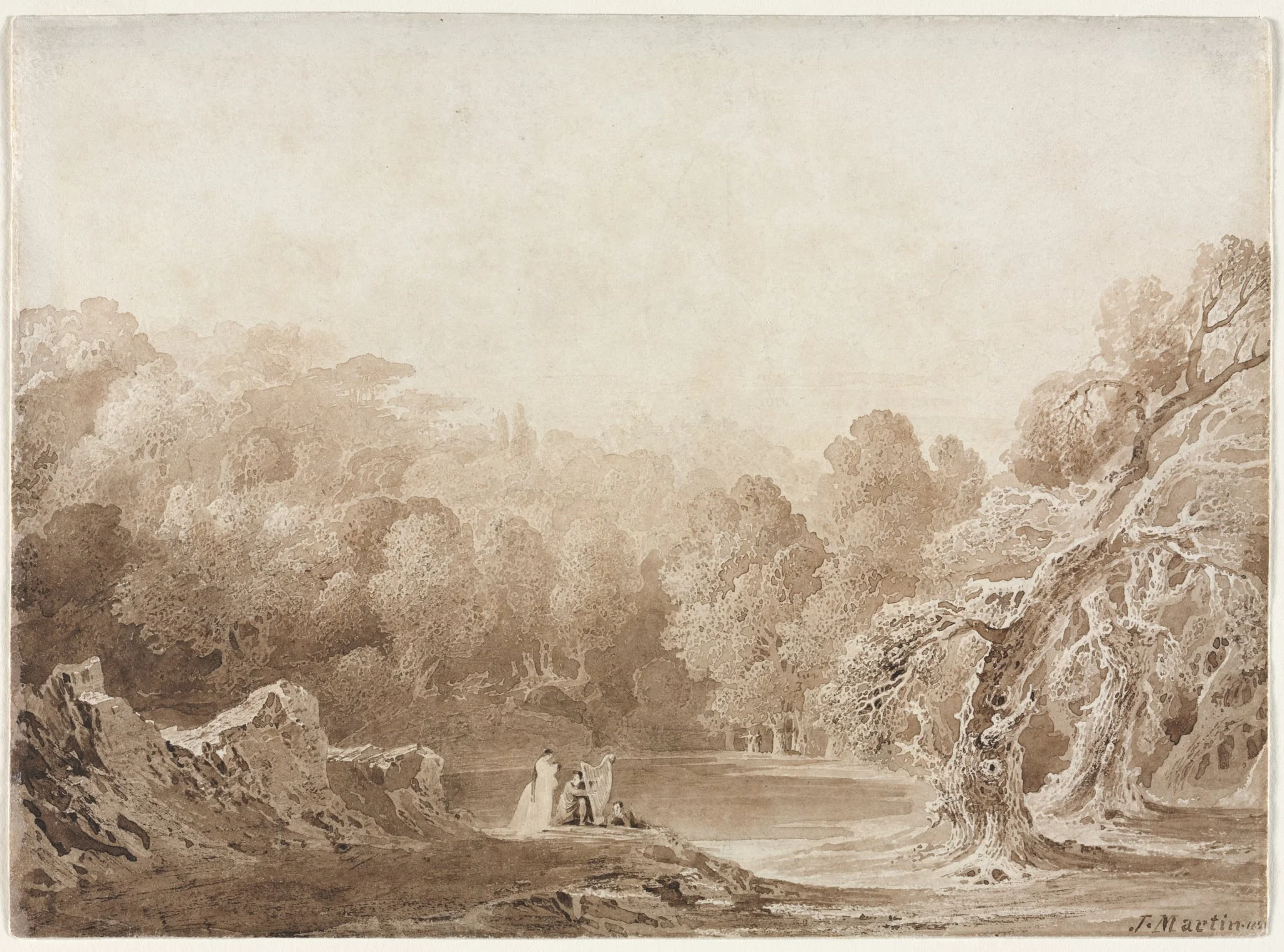 A Man Playing a Harp with other Figures beside a Lake, by John Martin, 1820