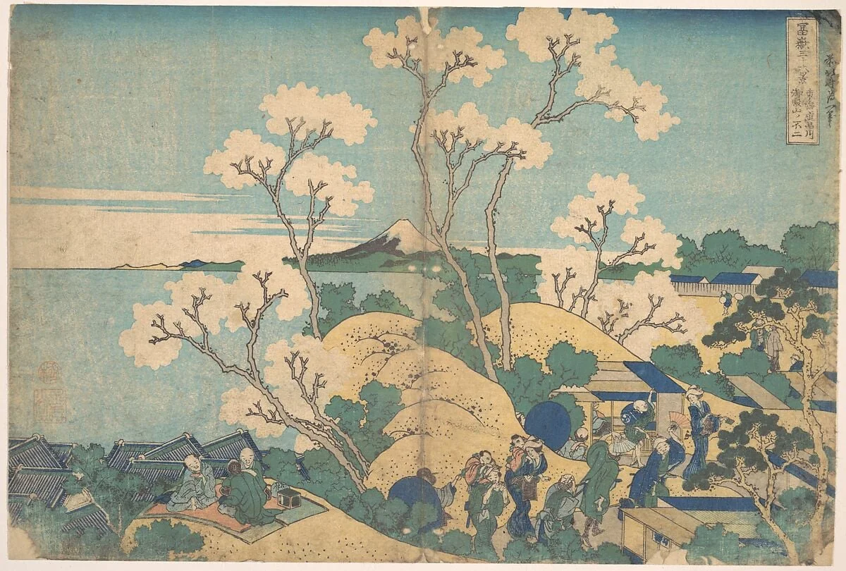 冨嶽三十六景　東海道品川御殿山の不二|Fuji from Gotenyama at Shinagawa on the Tōkaidō (Tōkaidō Shinagawa Gotenyama no Fuji), from the series Thirty-six Views of Mount Fuji (Fugaku sanjūrokkei), by Katsushika Hokusai, ink, 1831