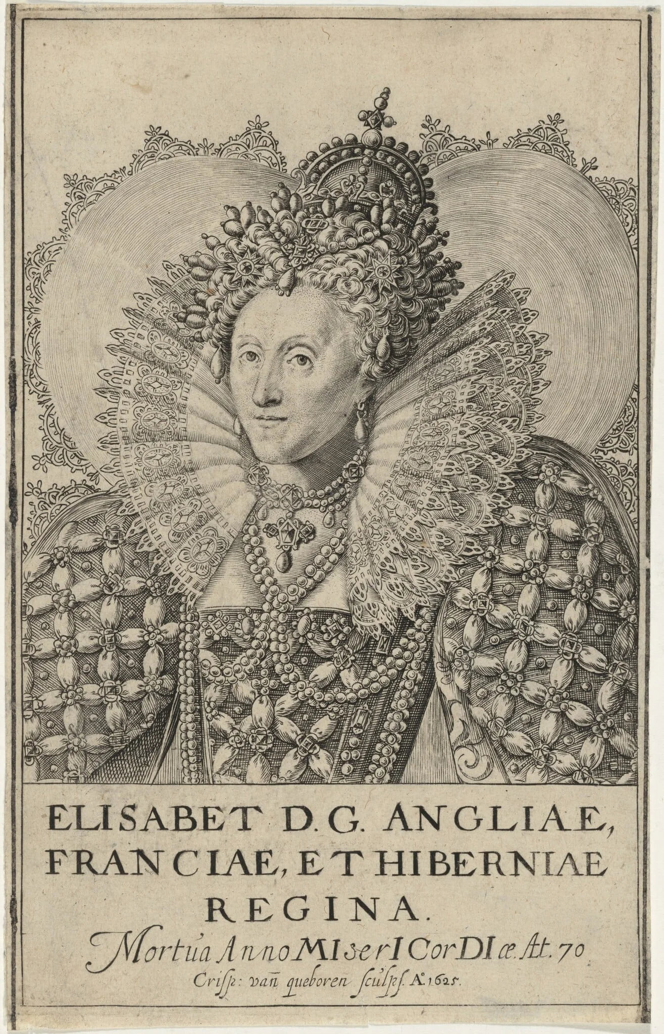 Queen Elizabeth, by Crispyn van den Queboorn, ink, 1625