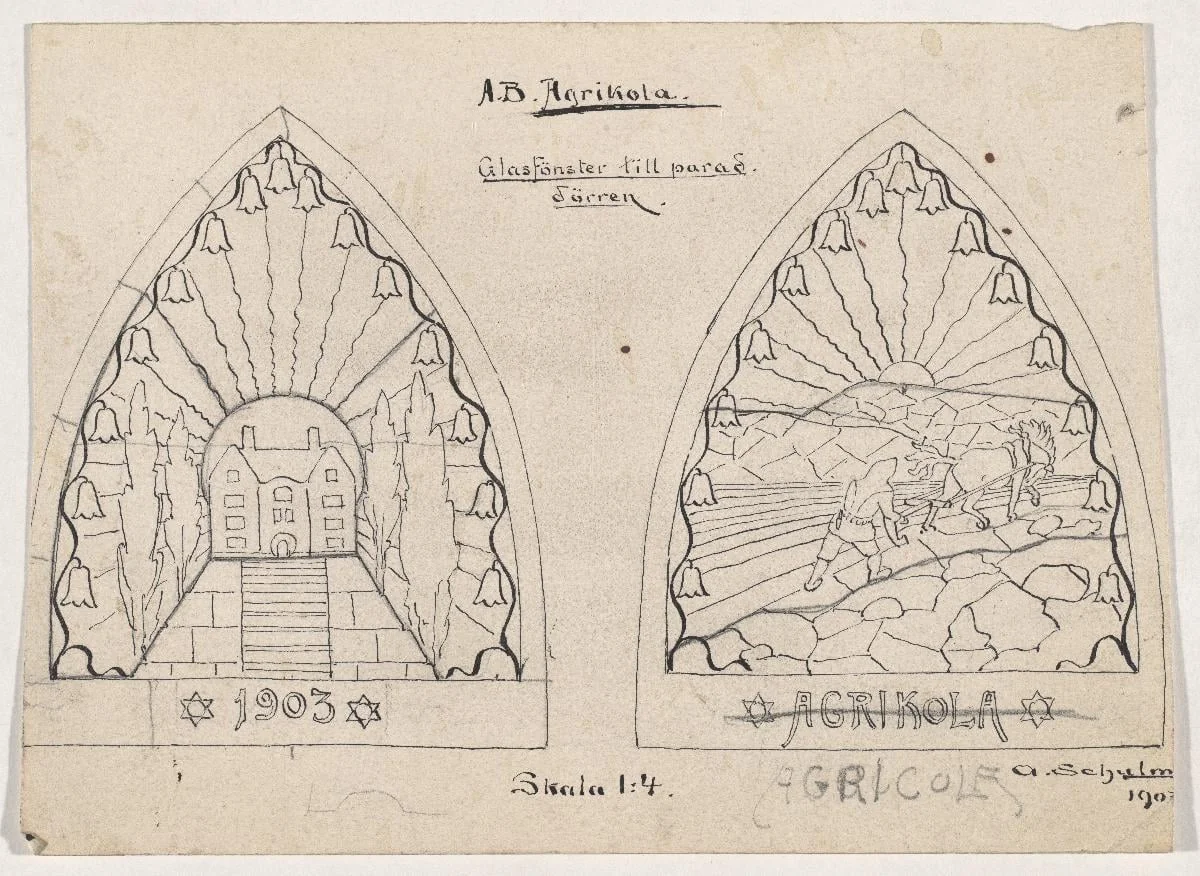 pääoven lasimaalausluonnos, Ab Agricola, by Allan Schulman