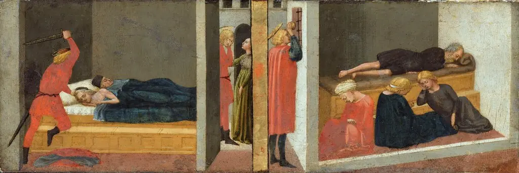 Altar predella; Right panel: The parricide of St. Julian - The miracle of St. Nicholas of Bari