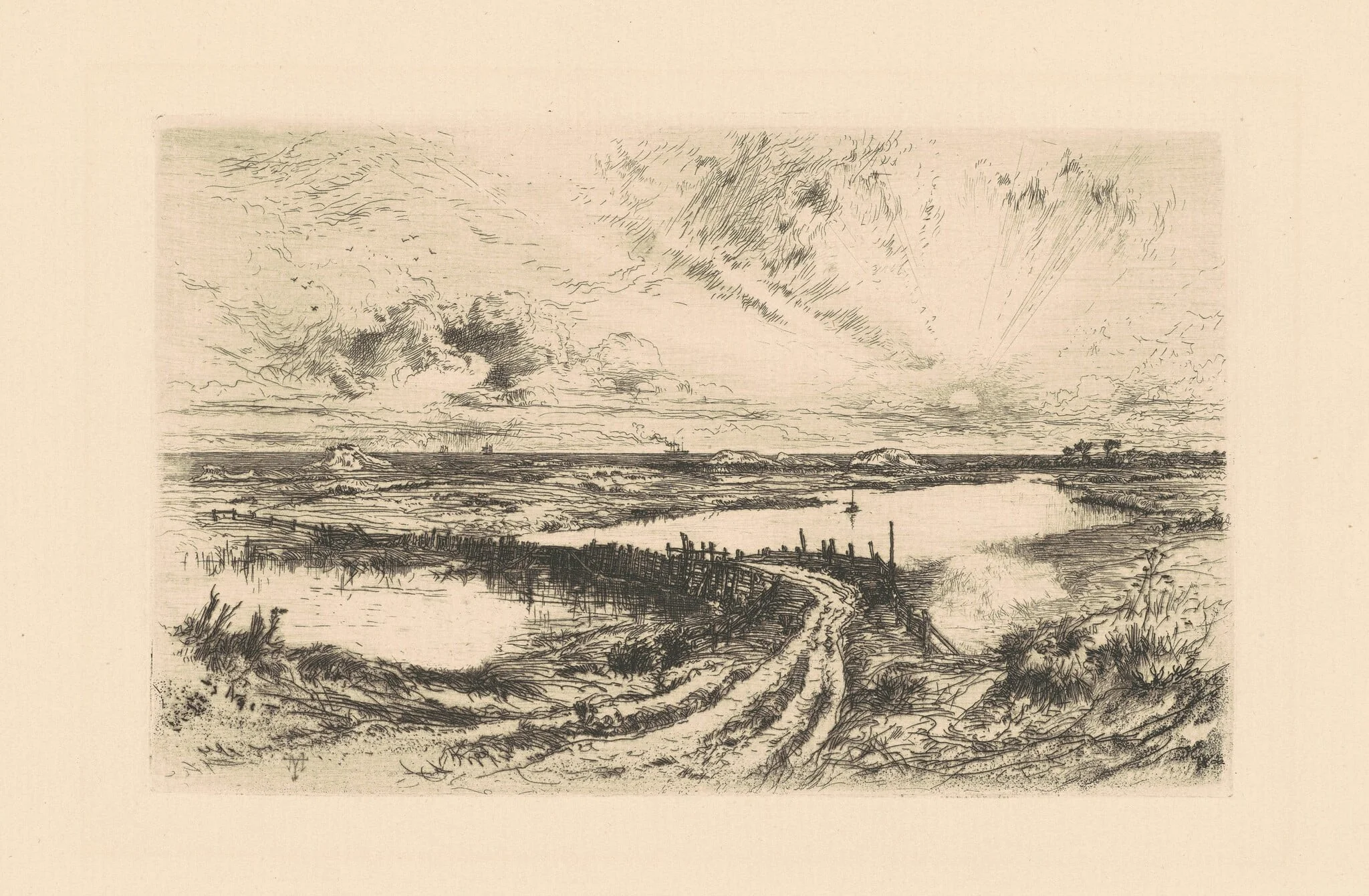Sunrise—The Pond, Easthampton, Long Island, by Thomas Moran, ink, 1881