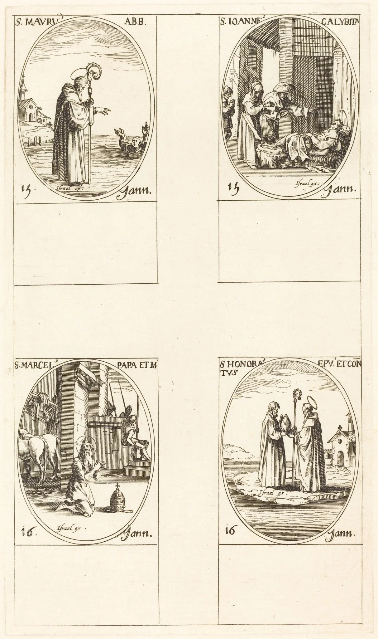 St. Maurus; St. John Calybite; St. Marcellus; St. Honoratus, by Jacques Callot, ink, 1634