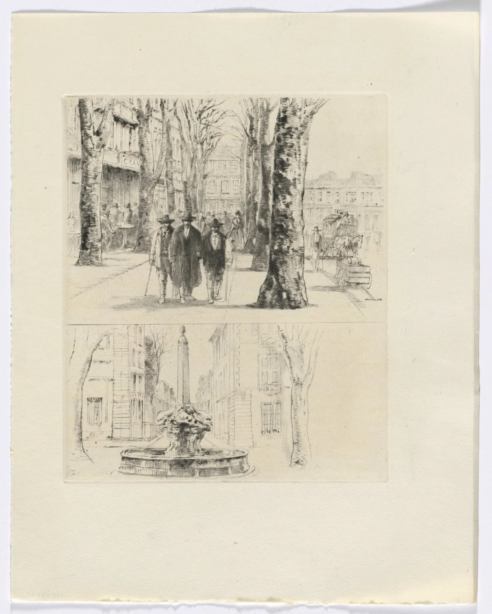 Frédéric Mistral: Mémoires et Recits by Frédéric Mistral: city street scene/ fountain (insert after p. 120), by Auguste Brouet, 1937