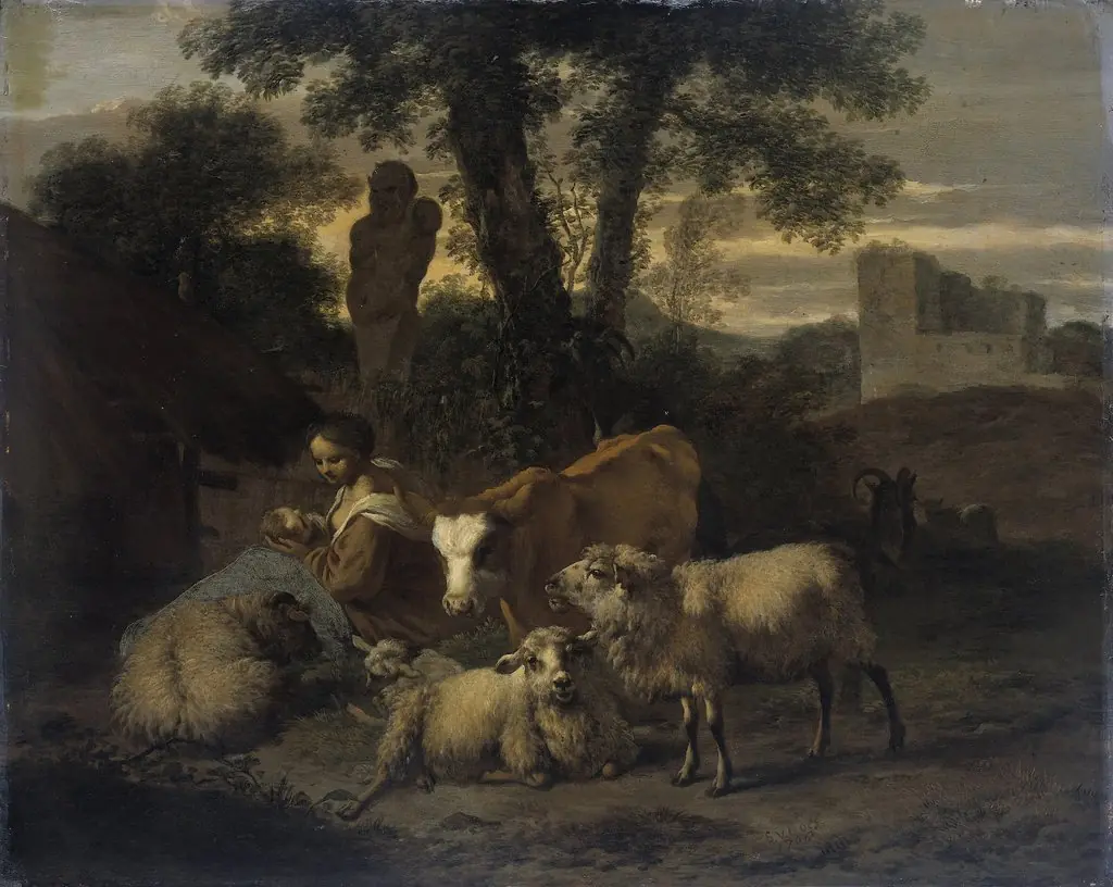 Italian landscape with sheperdess and flocks