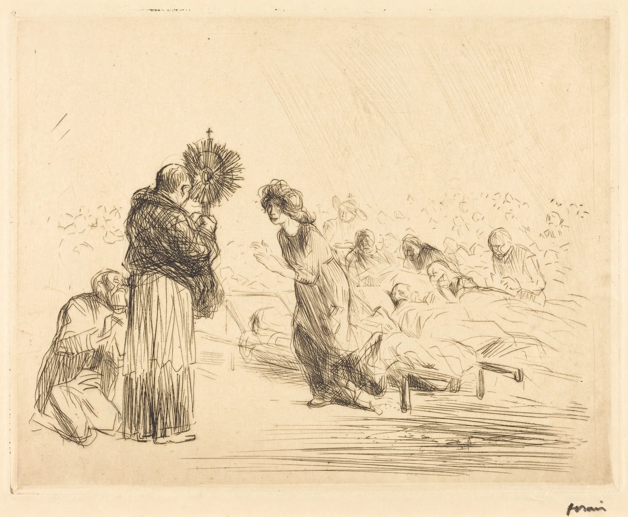 The Miracle before the Blessed Sacrament (fourth plate), by Jean-Louis Forain, ink, 1912