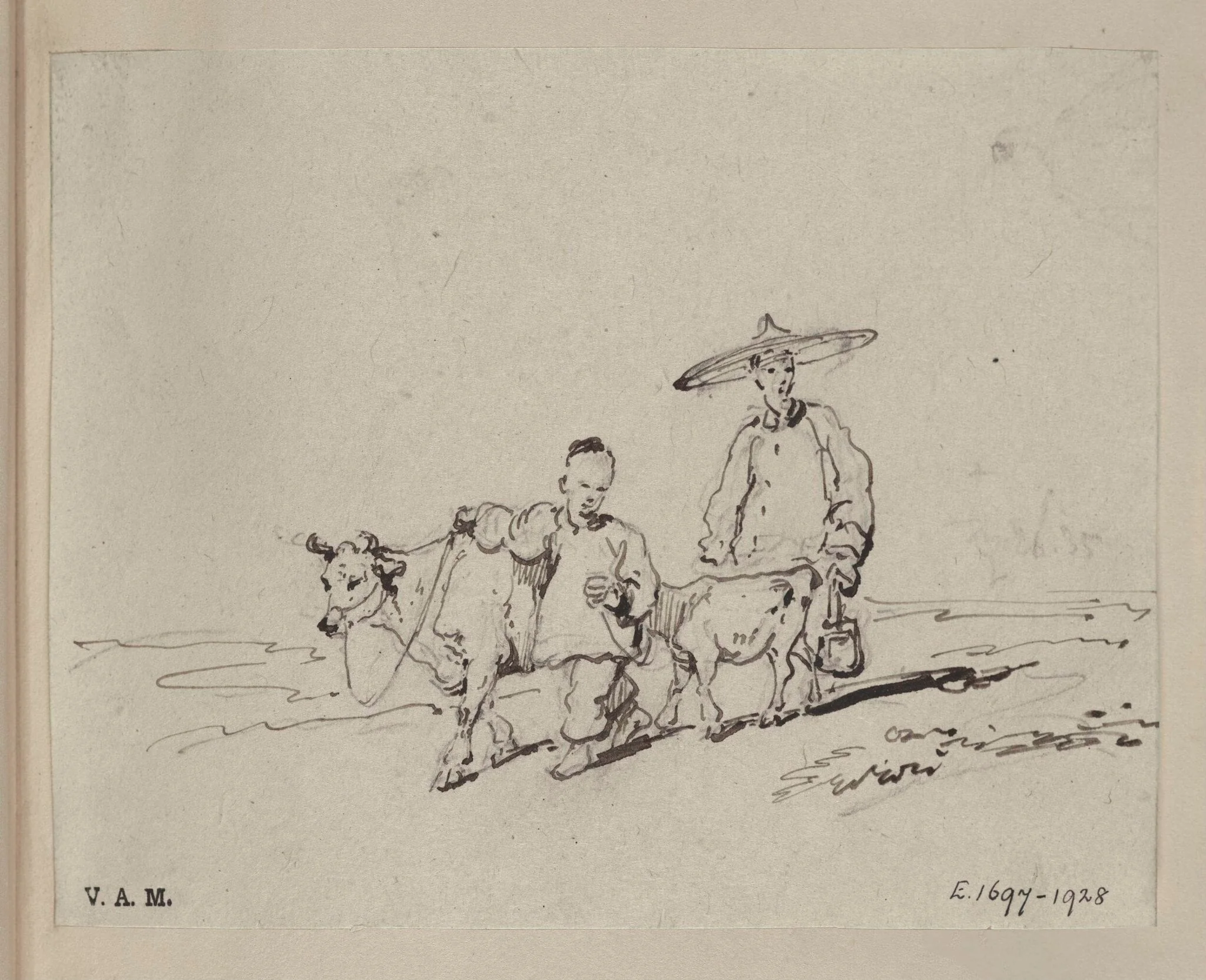 Two Chinese figures with a cow and calf, by George Chinnery, 1