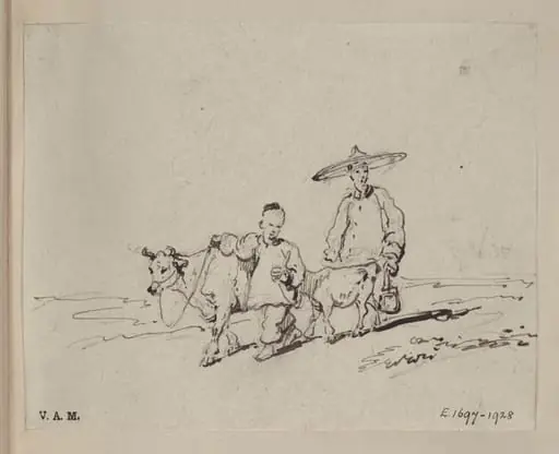 Two Chinese figures with a cow and calf