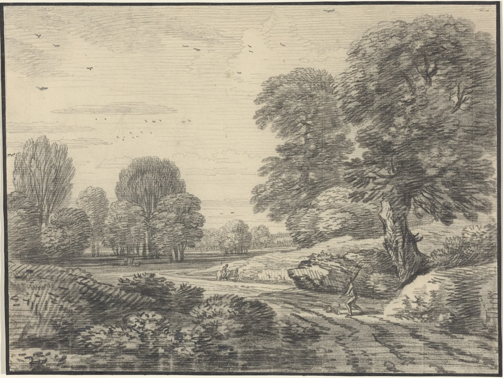 Travelers on a Road in a Wooded Landscape, by Jean Baptiste Claude Chatelain, chalk, 1740