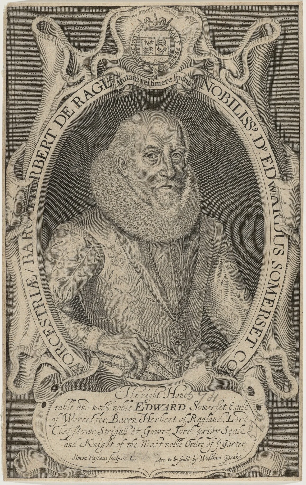 Edward Somerset, Fourth Earl of Worcester, by Simon van de Passe, ink, 1621