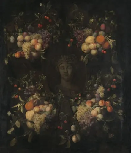 Simulated Sculpted Head of a Woman in a Cartouche Decorated with Swags of Fruit