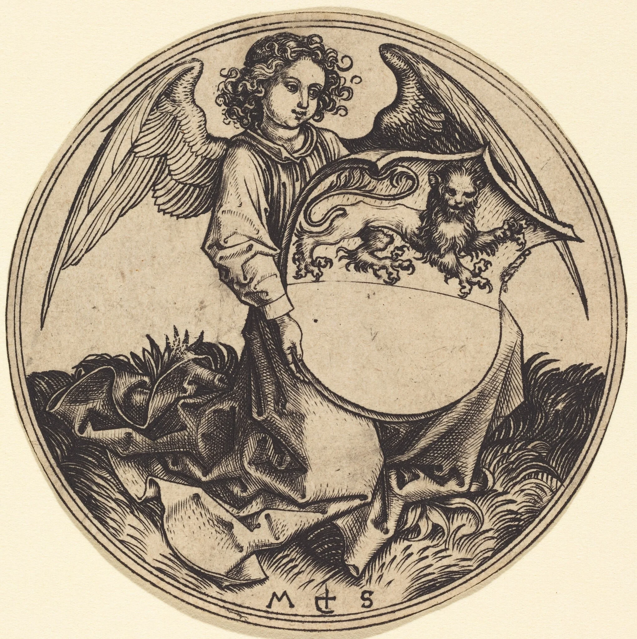 Shield with Lion, Held by Angel, by Martin Schongauer, ink, 1485