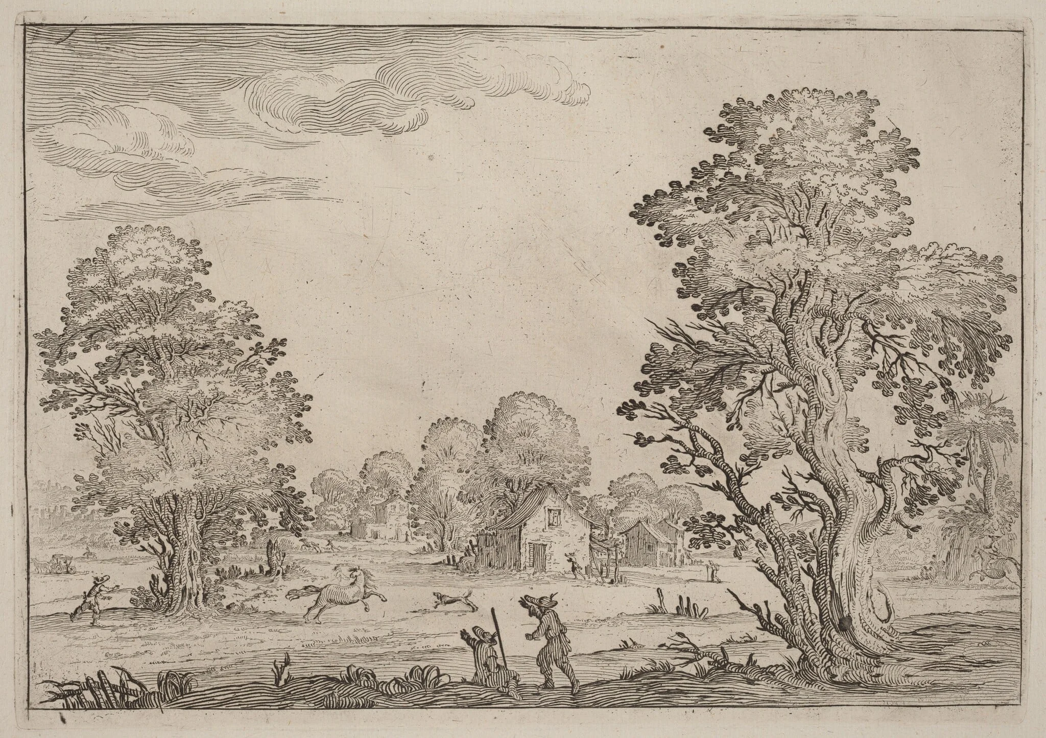 Landscape with Runaway Horses, by Ercole Bazicaluva, ink, 1638