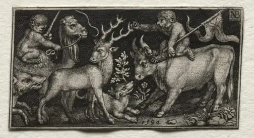 Monkeys Riding a Camel and a Bull