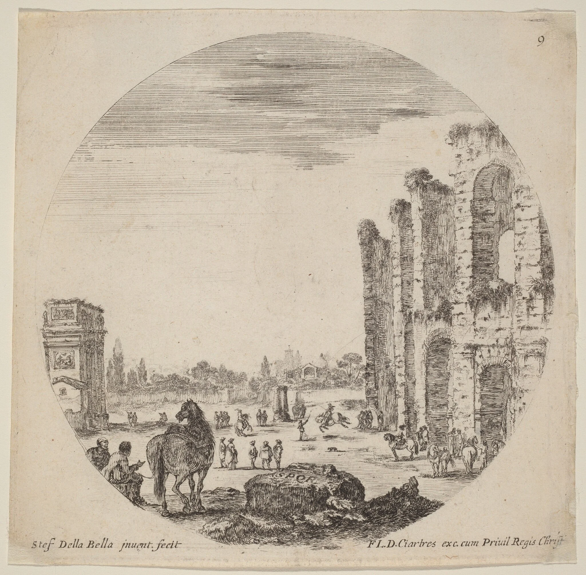 Colosseum and Arch of Constantine, by Stefano Della Bella, ink, 1646