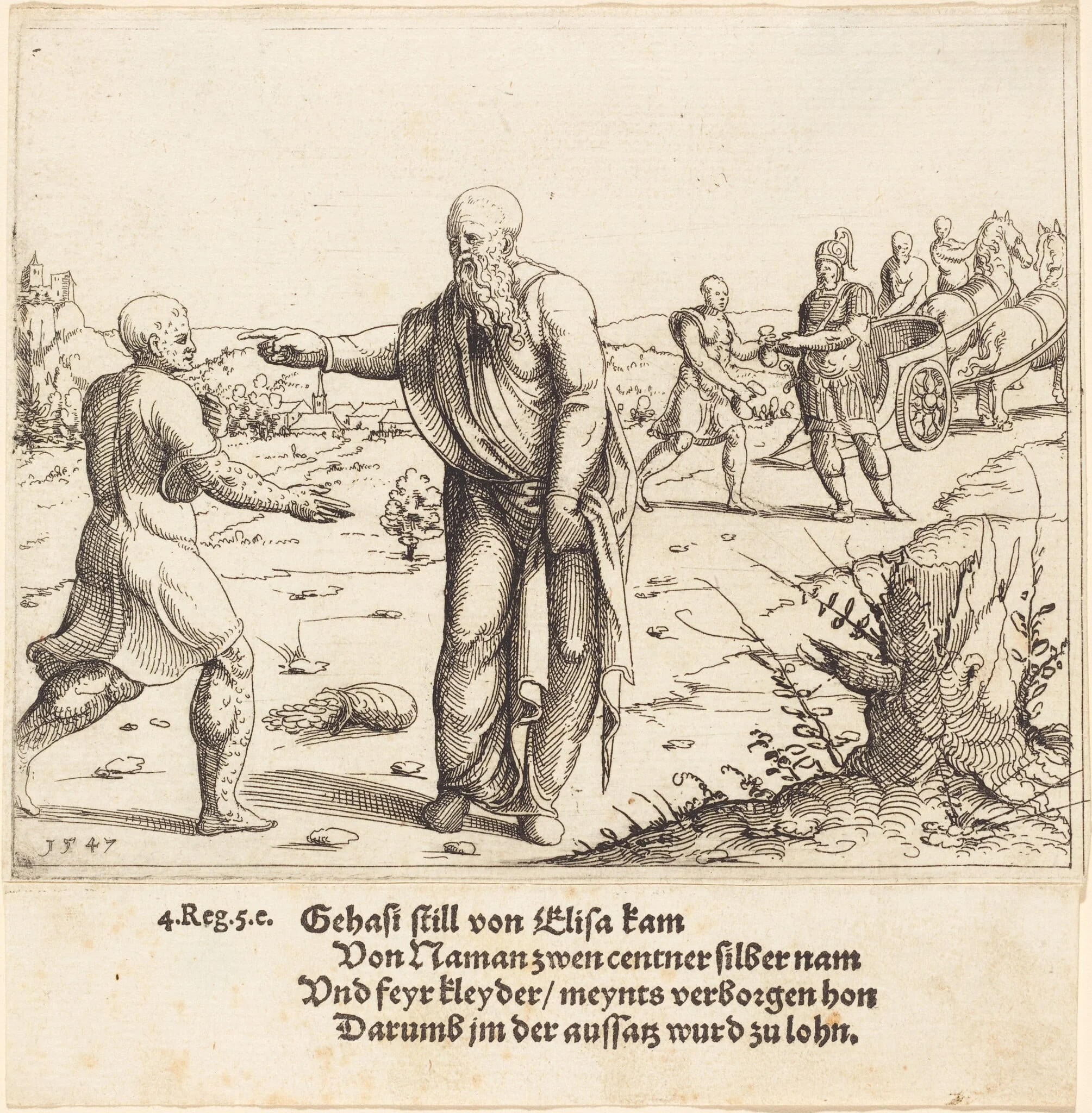 Elisha Punishes Gehazi with Naaman's Leprosy, by Augustin Hirschvogel, ink, 1547