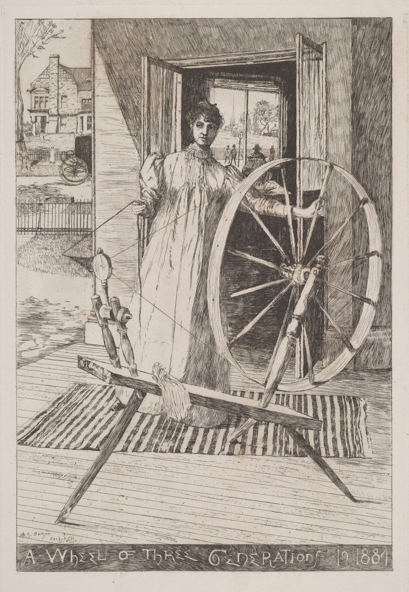 At the Spinning Wheel, by Otto Henry Bacher, ink, 1884