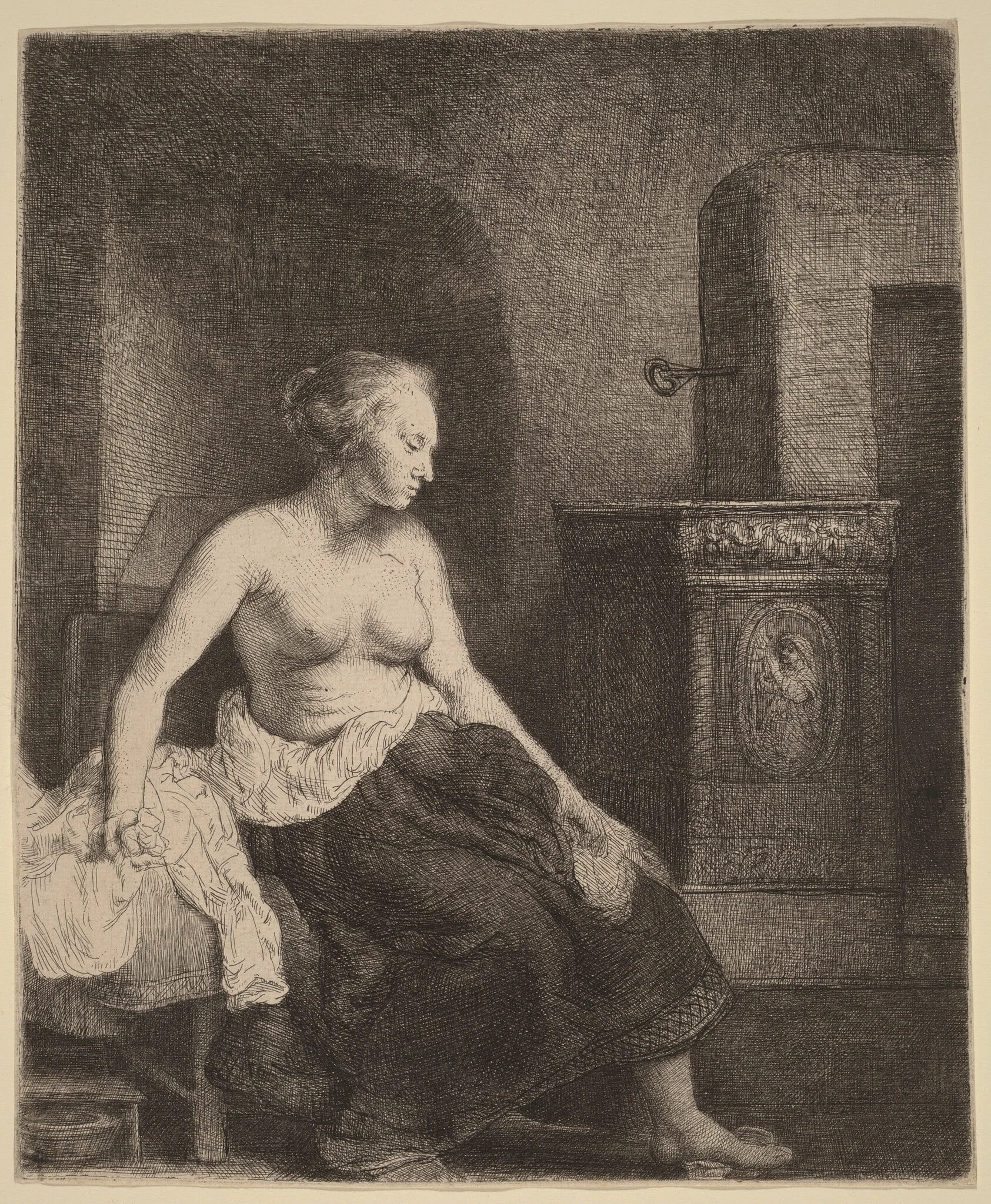 Woman Sitting Half Dressed beside a Stove, by Rembrandt, ink, 1658