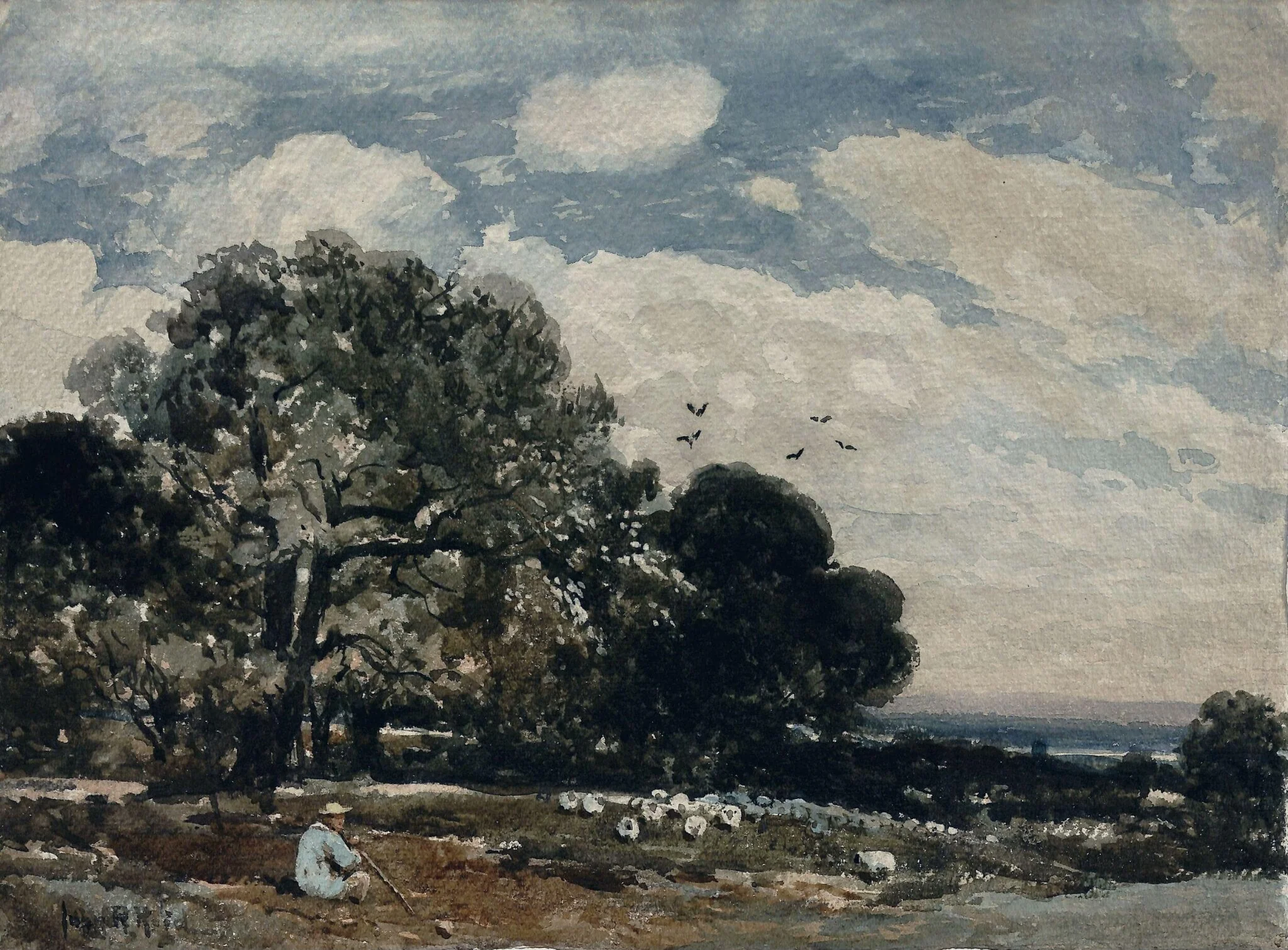 Landscape with Shepherd and Flock, by John Robertson RA RI ROI Reid, watercolor, 1920