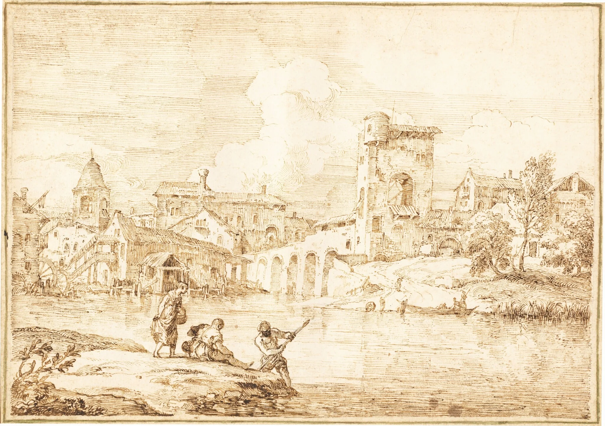 A Fortified Village along a River, by Marco Ricci, ink, 1728