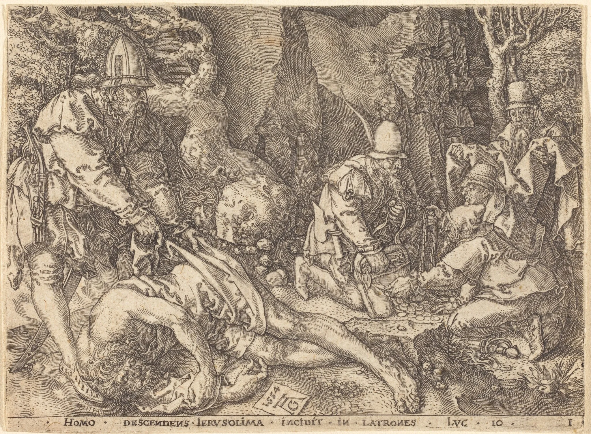Traveler among Thieves, by Heinrich Aldegrever, ink, 1554