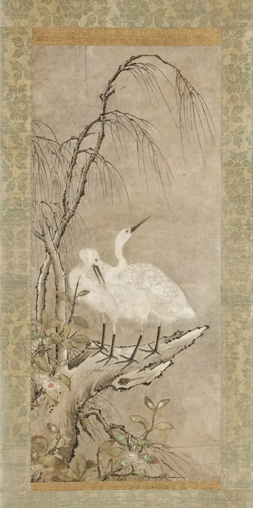 Winter Landscape of Two Herons, Willow, and Tea Plants Blossoms