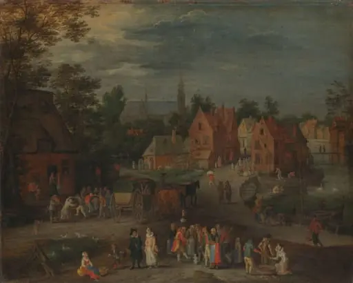 Village with a Puppeteer Entertaining a Small Crowd