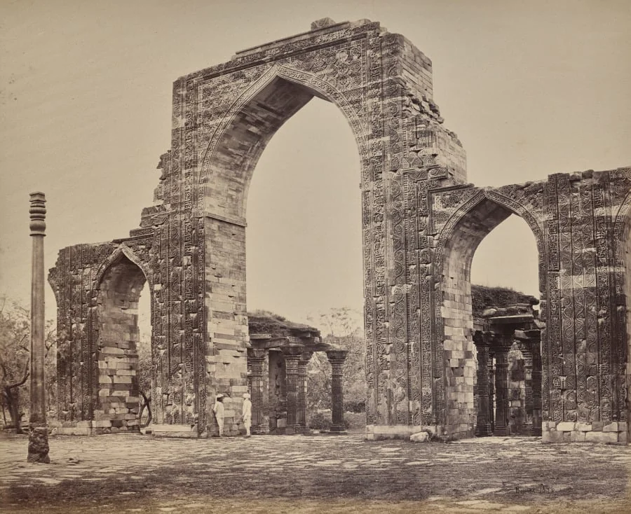 Delhi. Great Arch and Iron Pillar Near the Kootub Minar, Ruin of Old Delhi, by Samuel Bourne, 1866