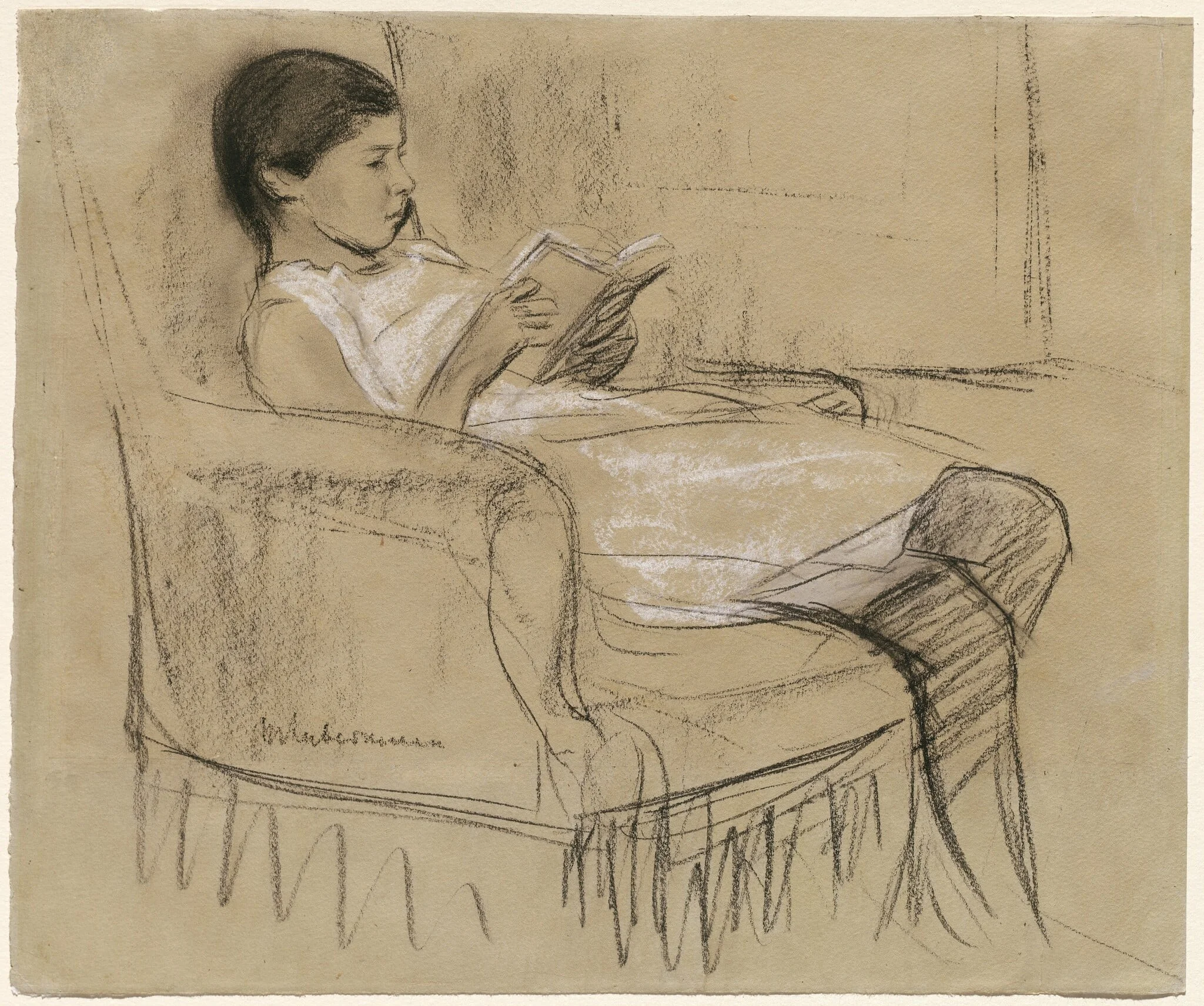 The Artist's Daughter Käthe Reading in a Chair, by Max Liebermann, chalk, 1894