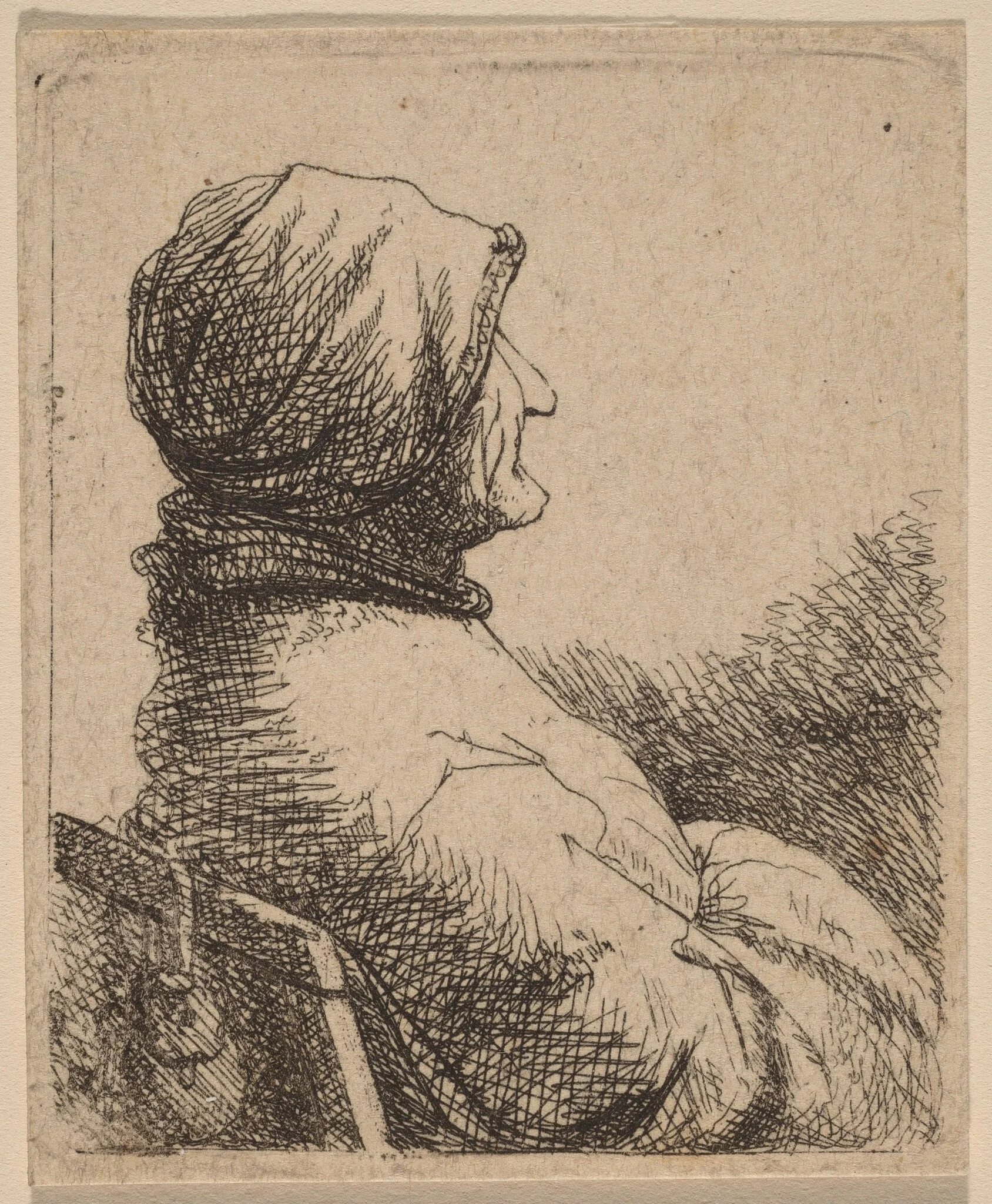 Bust of an Old Woman Turned in Profile to  the Right, by Netherlandish 17th Century, ink, 1650