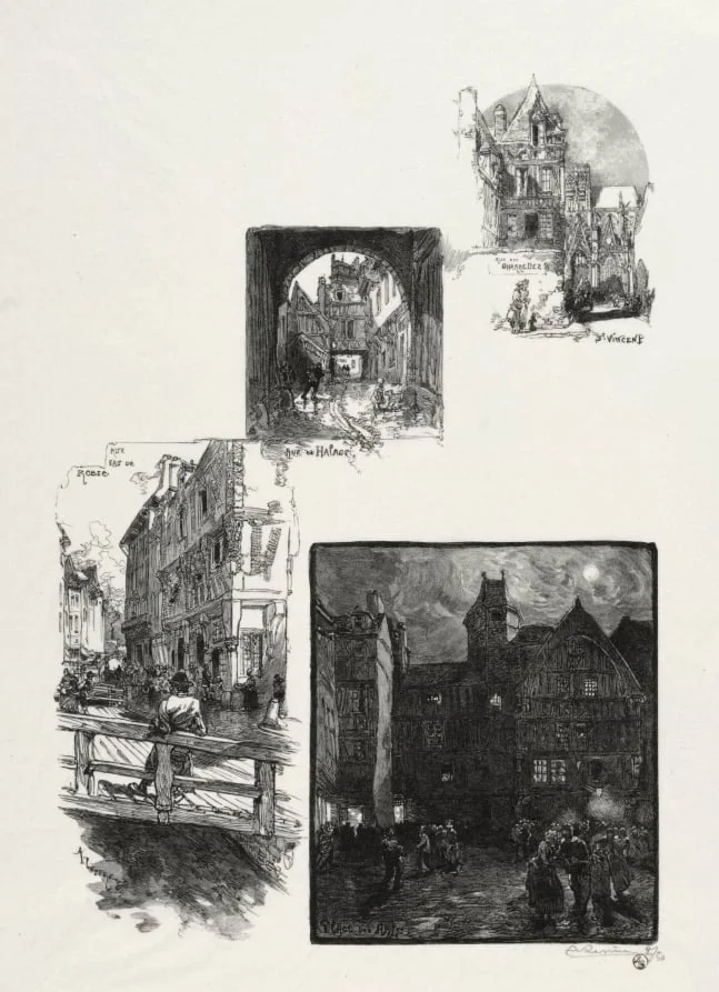 Rouen Illustré:  Rue des Charretes; Rue de Halage; Rue Eau de Robec; Place des Arts, by Auguste Lepère, 1896