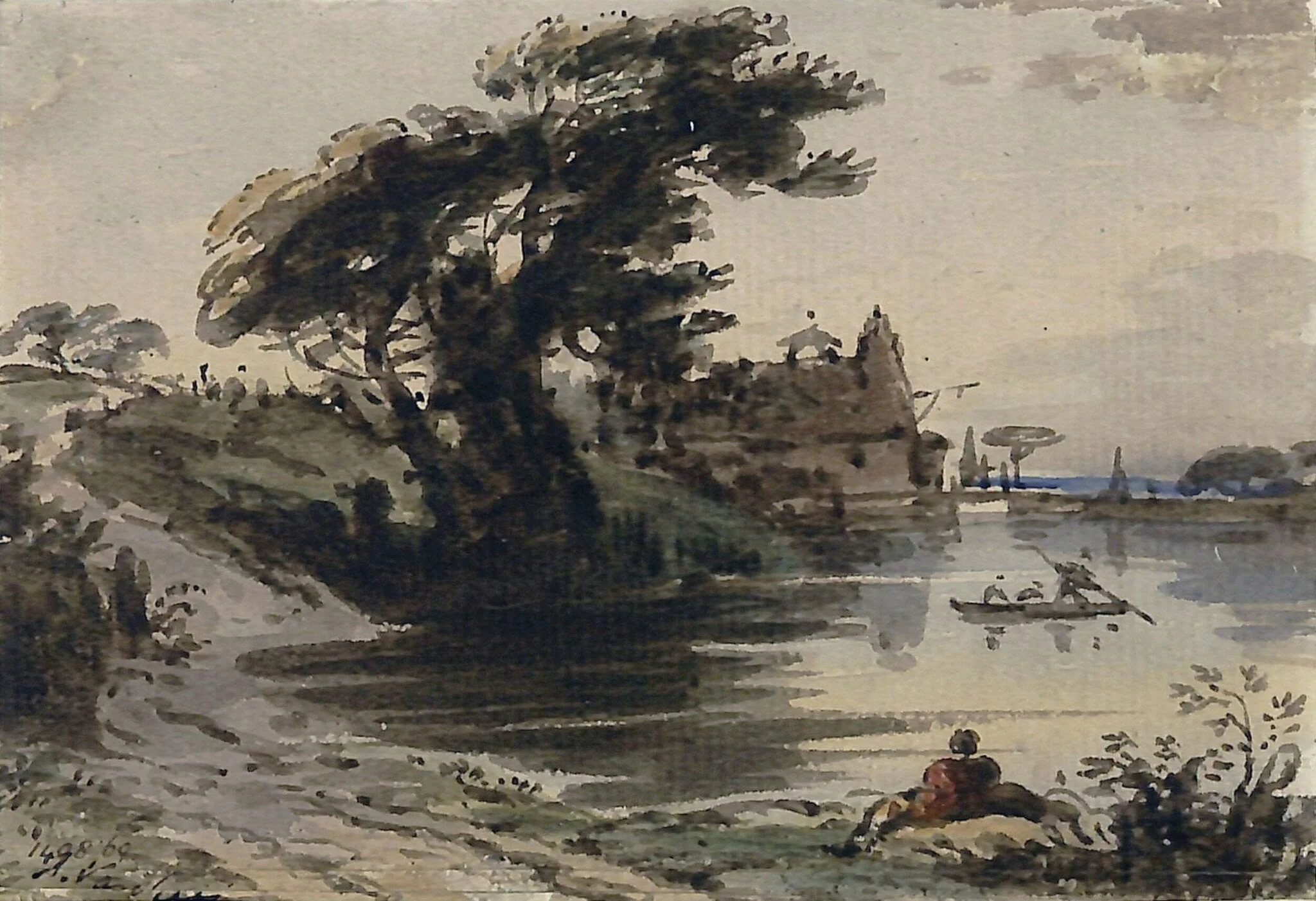 Landscape with pond and trees, by John Varley, watercolor, 1800