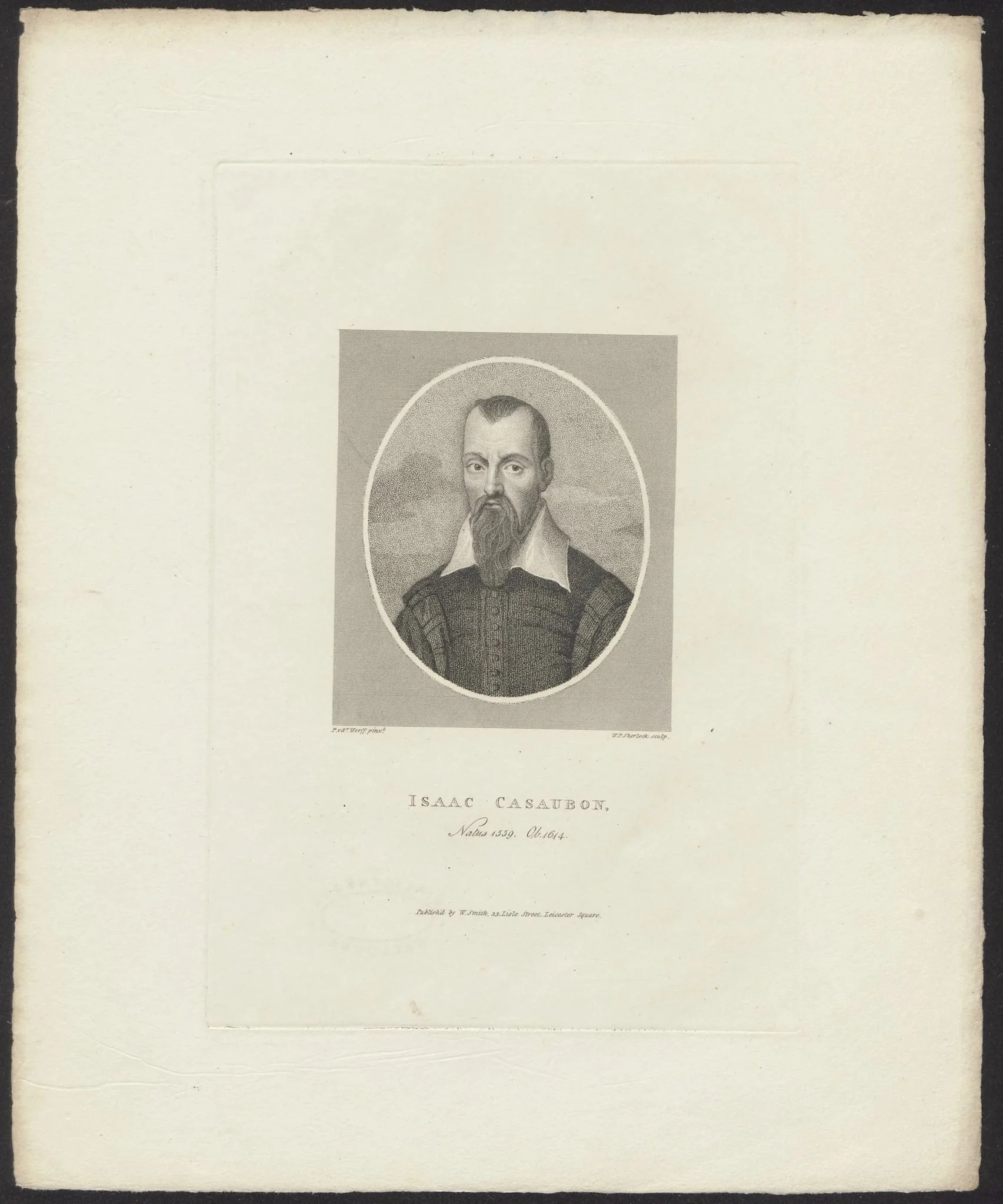 Portrait of Isaac Casaubonus, scholar in the humanities, by W.P., Sherlock, unspecified, 1850