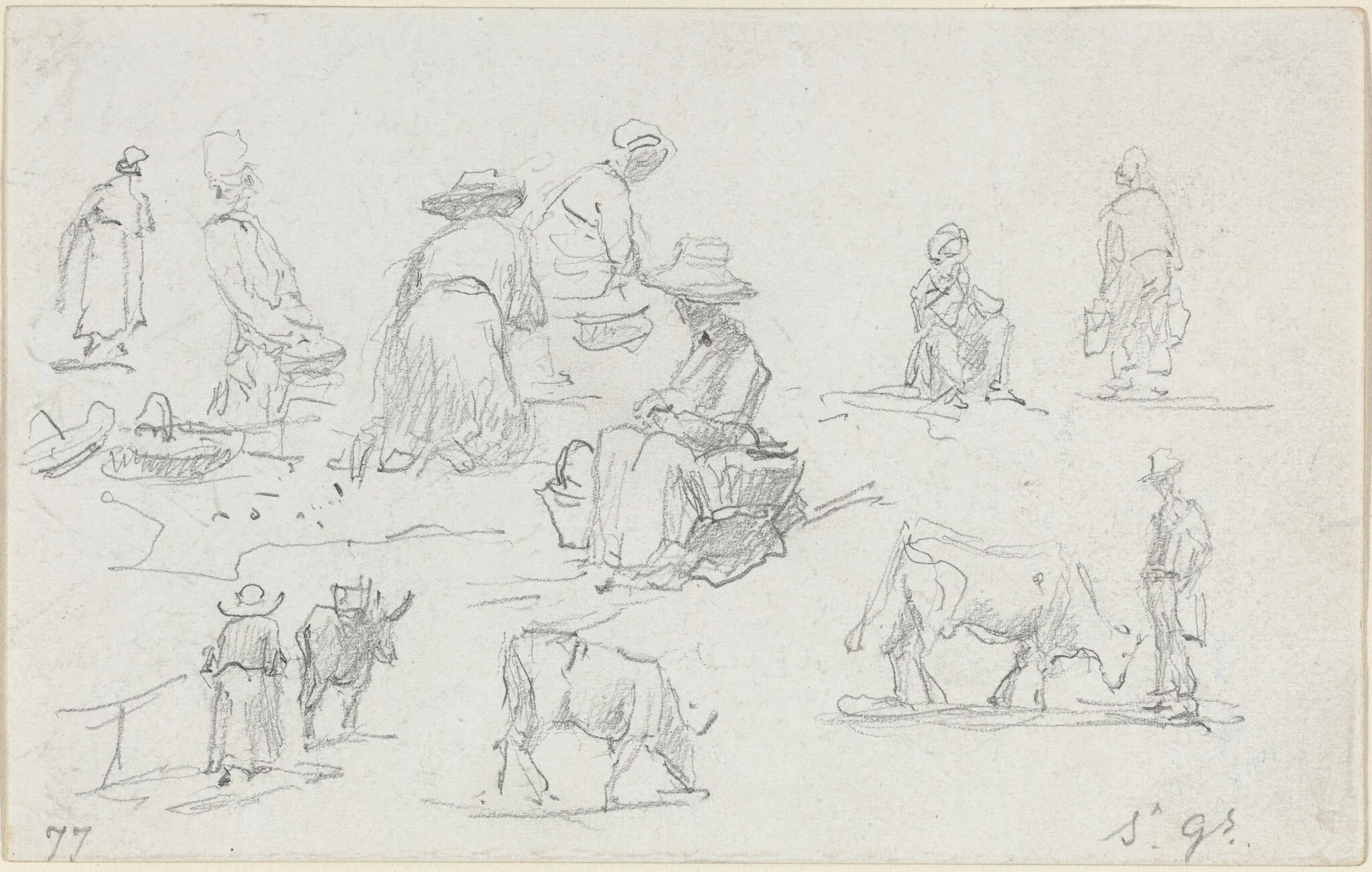 Peasants and Cows [recto], by Eugène Boudin, graphite, 1877