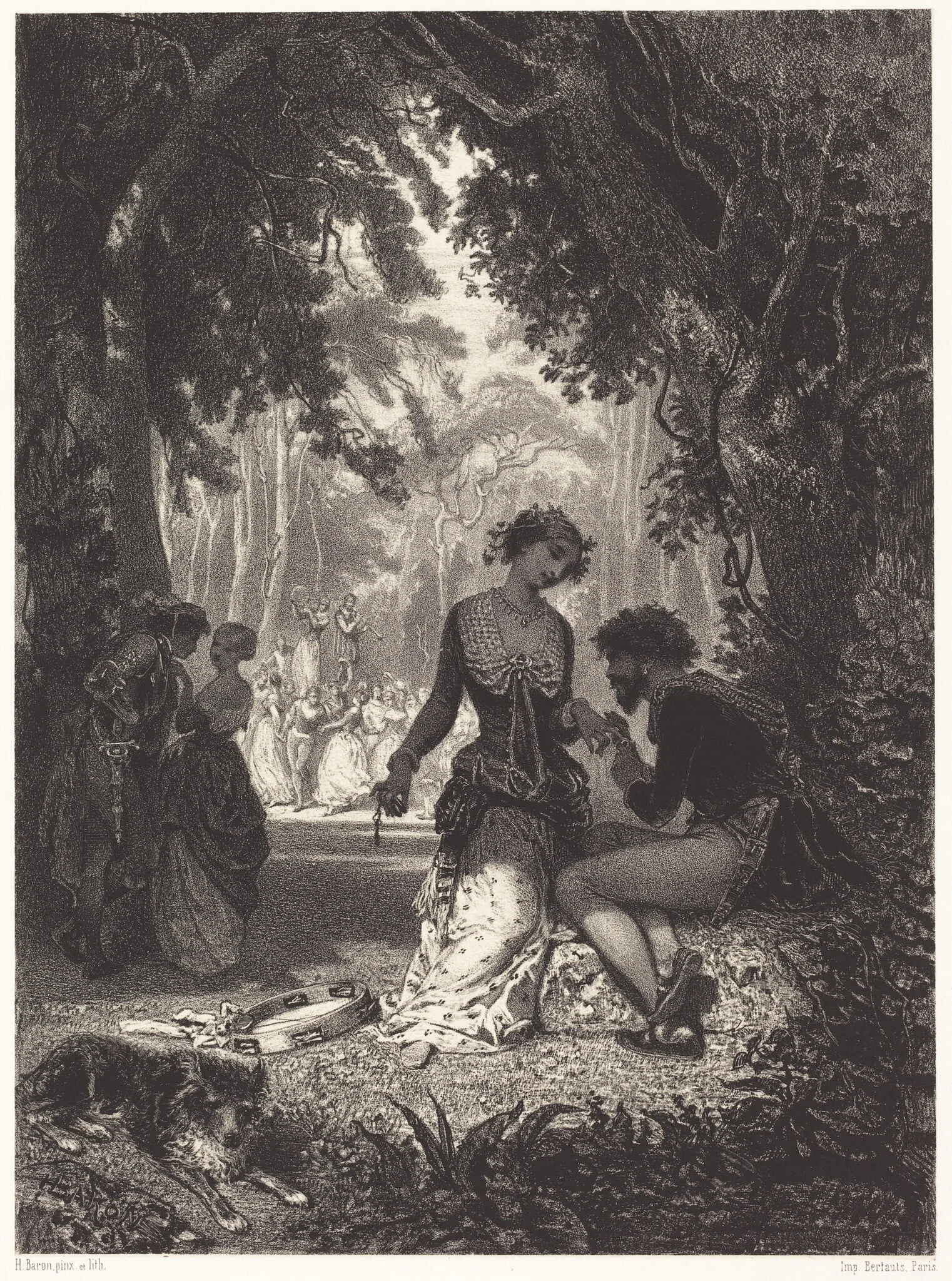 Italian Dancers, by Henri Charles Antoine Baron, ink, 1850