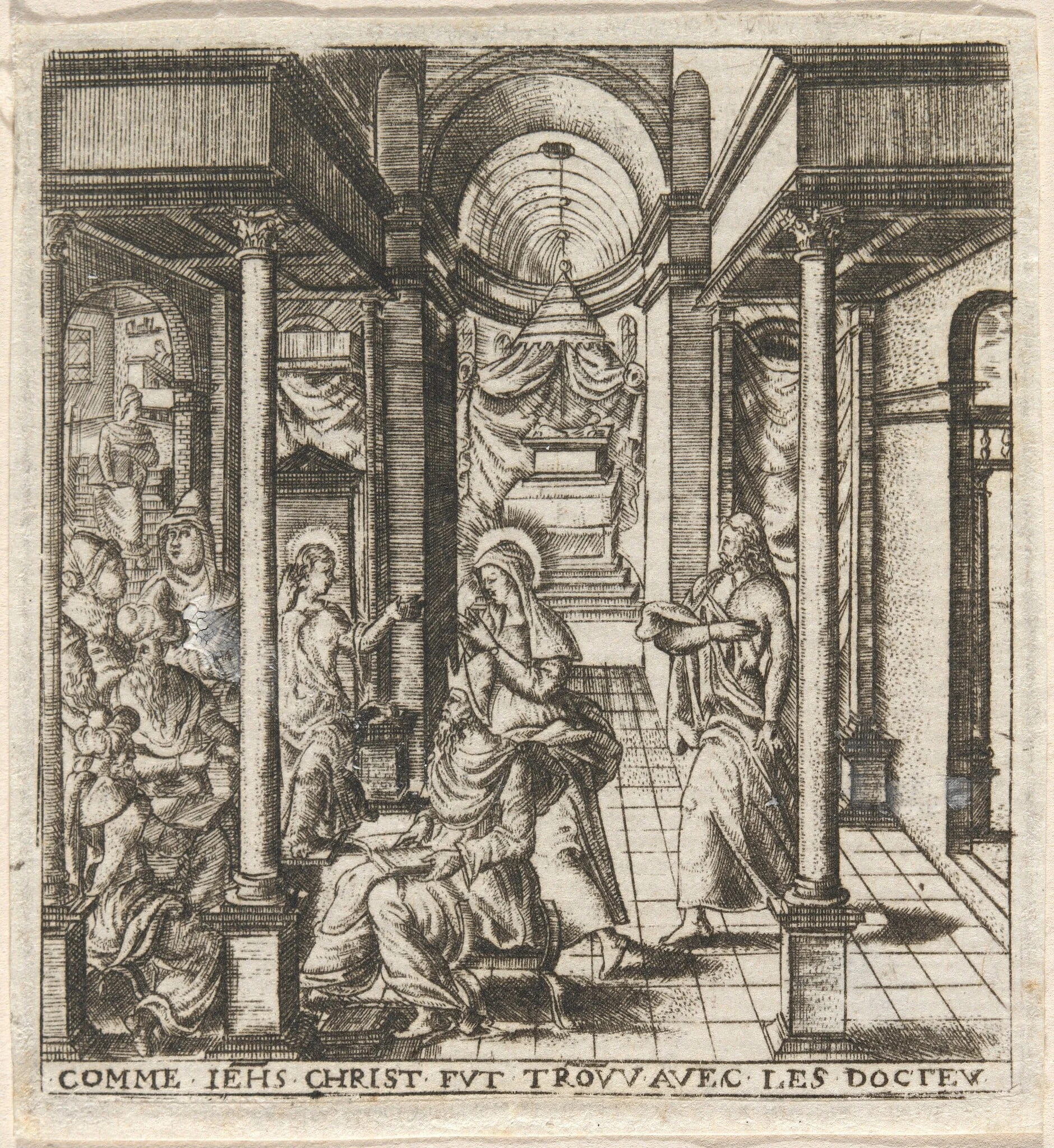 Mary and Joseph Find the Boy Jesus in the Temple with the Doctors, by Léonard Gaultier, ink, 1578