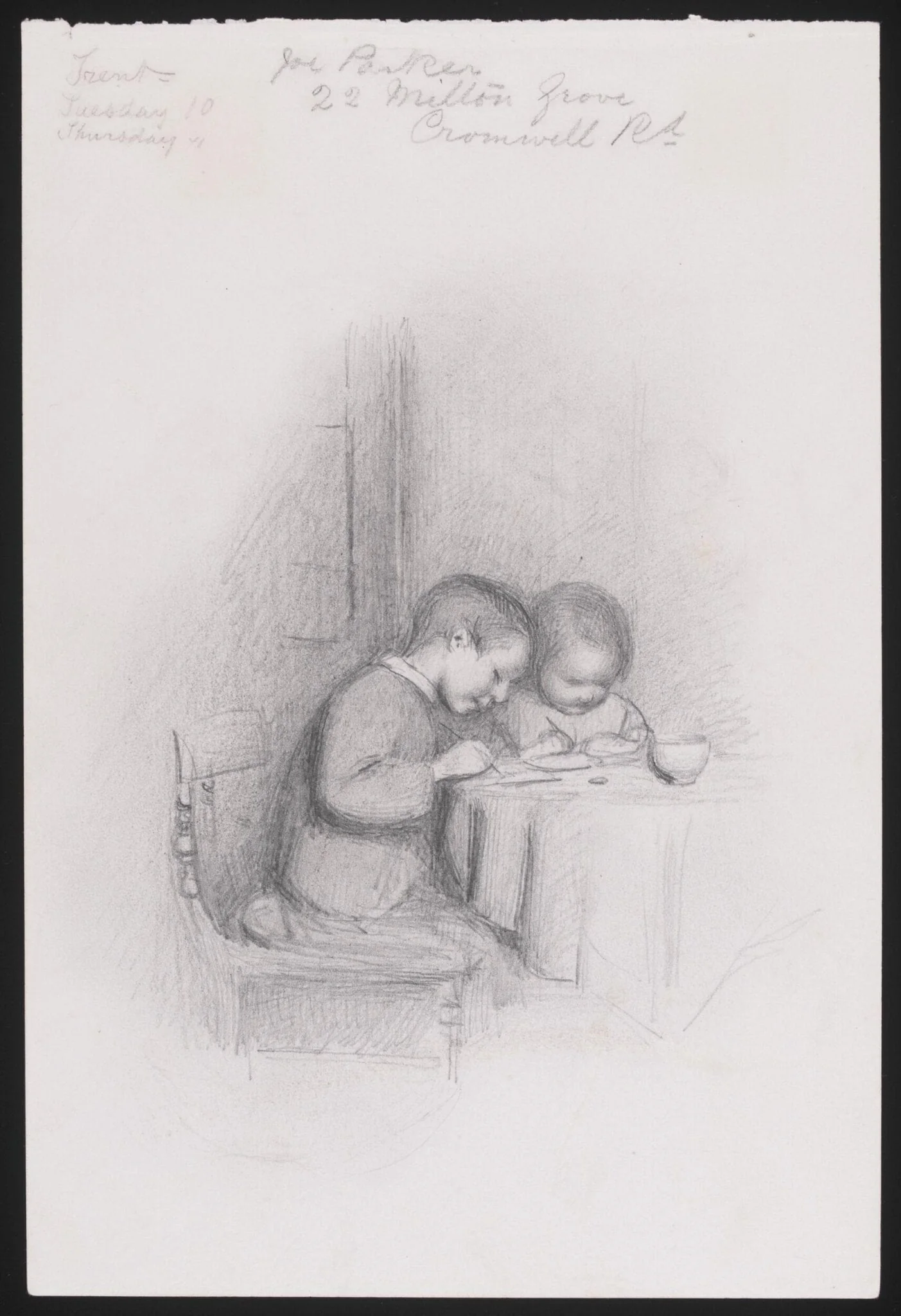 Two children seated at a table, by Joseph Clark, 1850