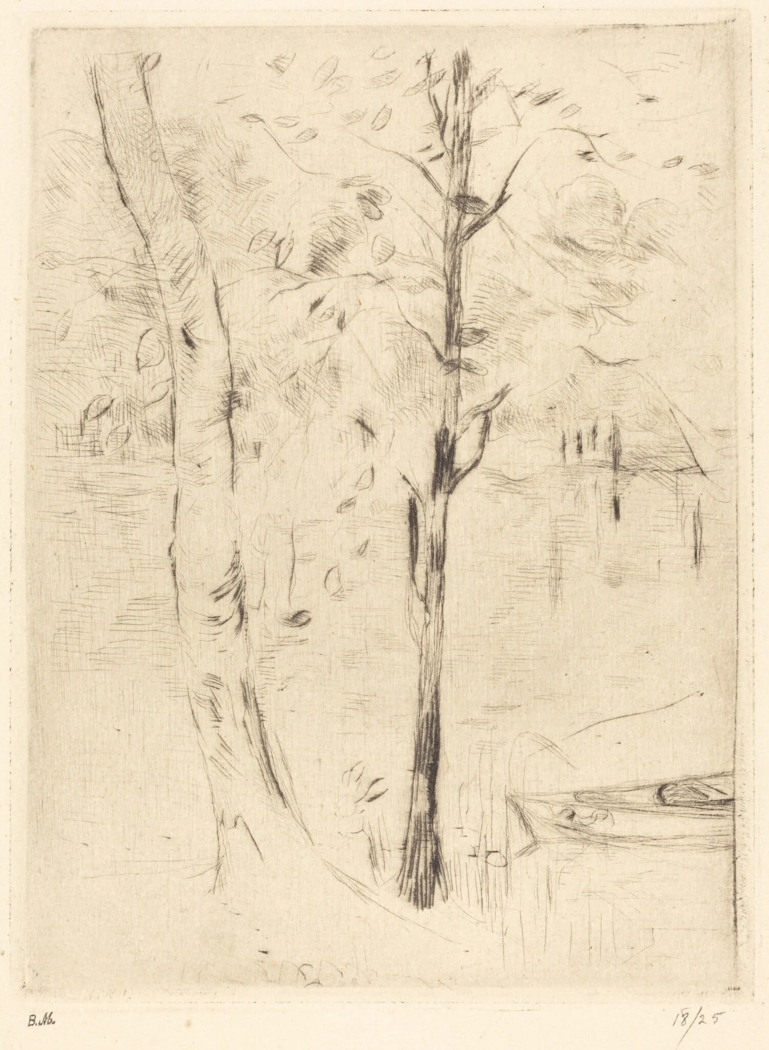 Lake with Rowboat, by Berthe Morisot, ink, 1888