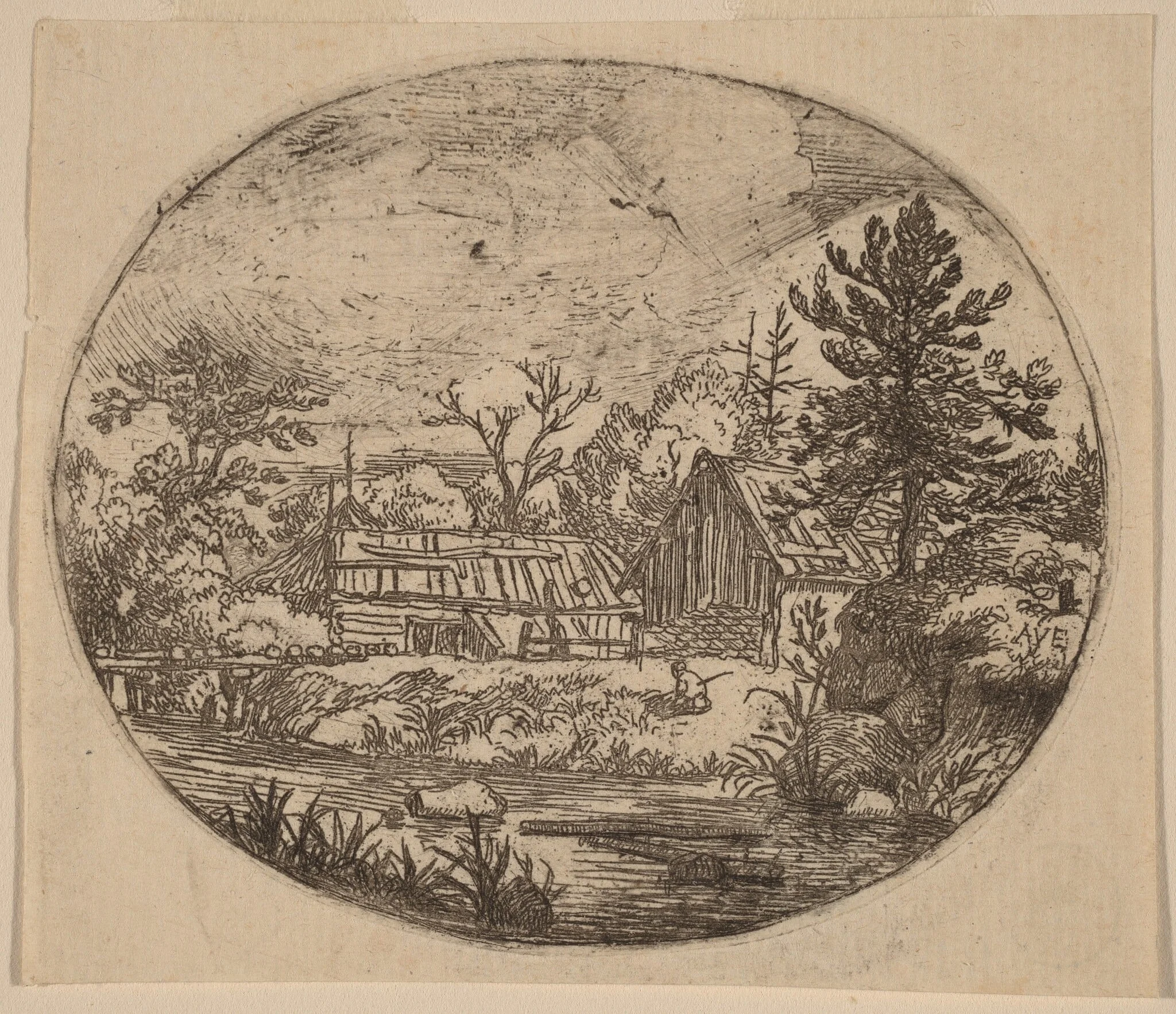 Hamlet at the Bank of a River, by Allart van Everdingen, ink, 1650