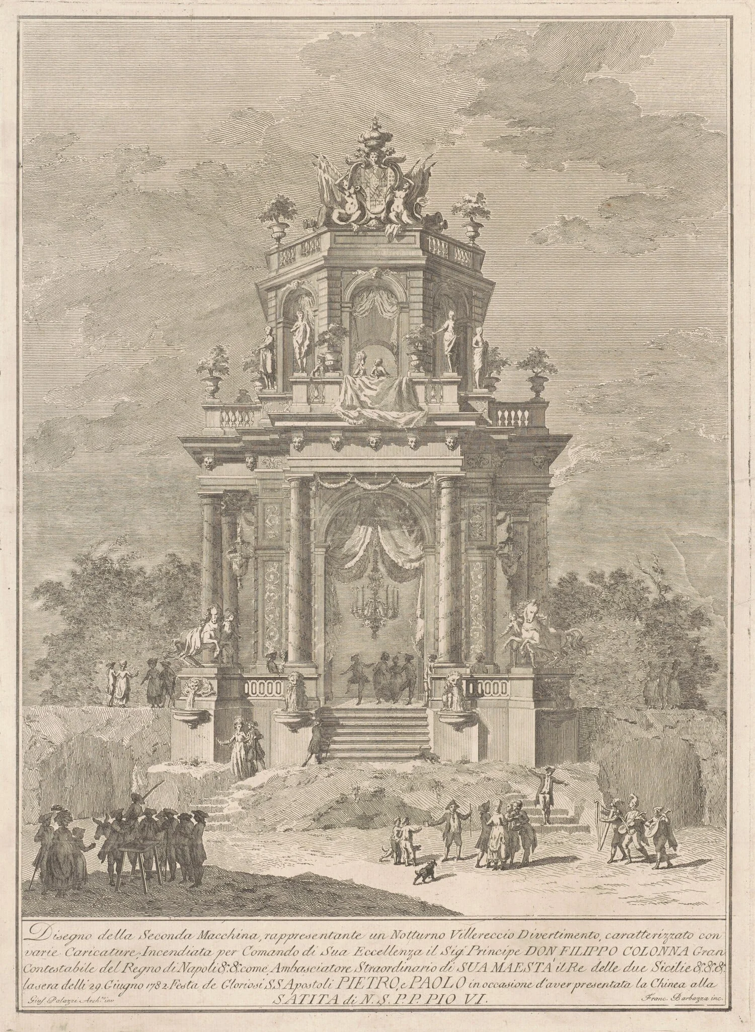 The Seconda Macchina for the Chinea of 1782: A Countryside Festival at Night, by Francesco Barbazza, ink, 1782