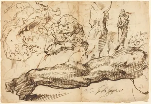 Studies of a Left Arm, a Young Woman, a Madonna and Child, a Face in Profile, and Nude Figures
