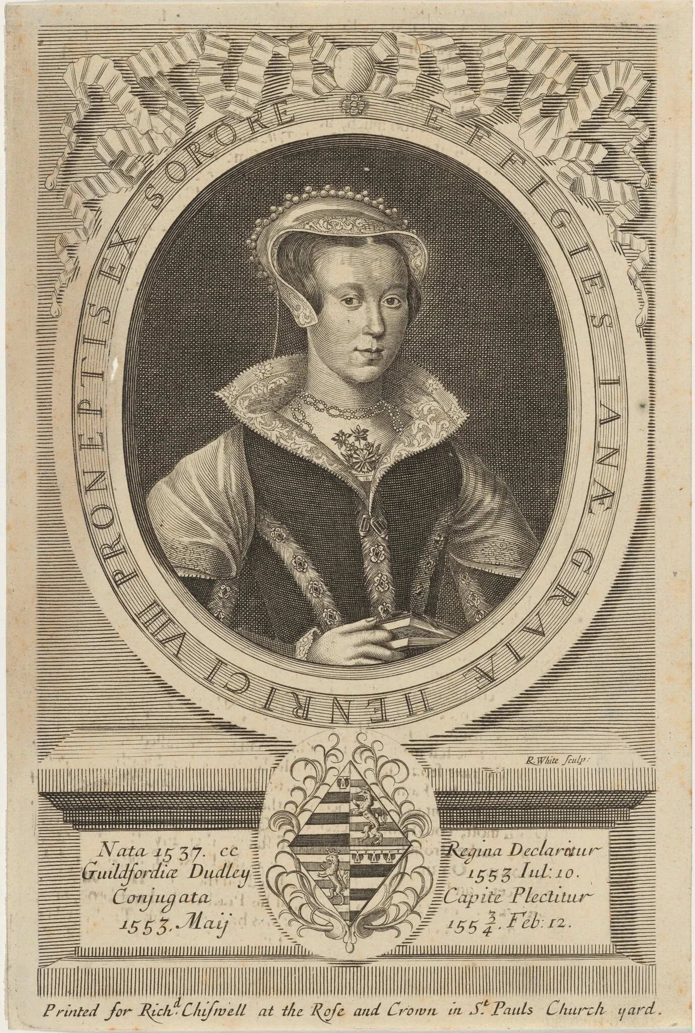 Lady Jane Grey, by Robert White, ink, 1681