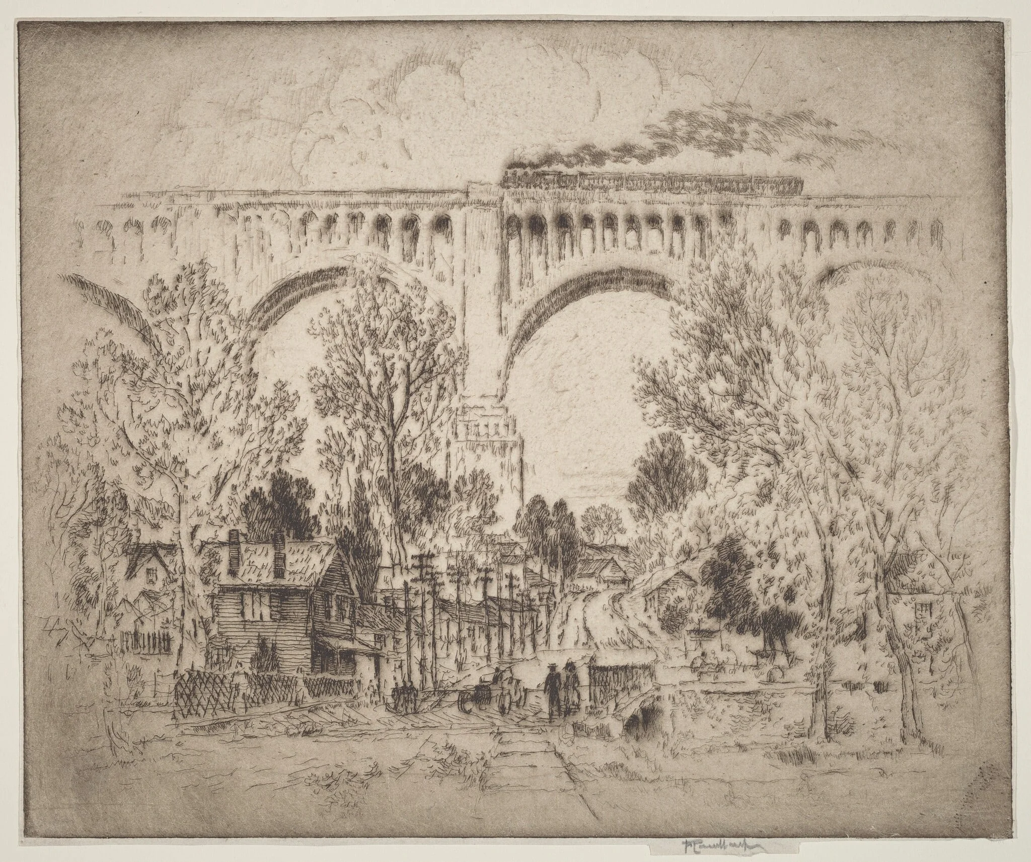 The Viaduct, D., L. & W. at Nicholson, Pa., by Joseph Pennell, ink, 1919