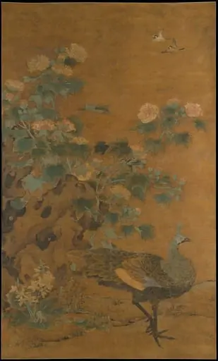 元   邊魯   孔雀芙蓉圖   軸|Peahen and hibiscus