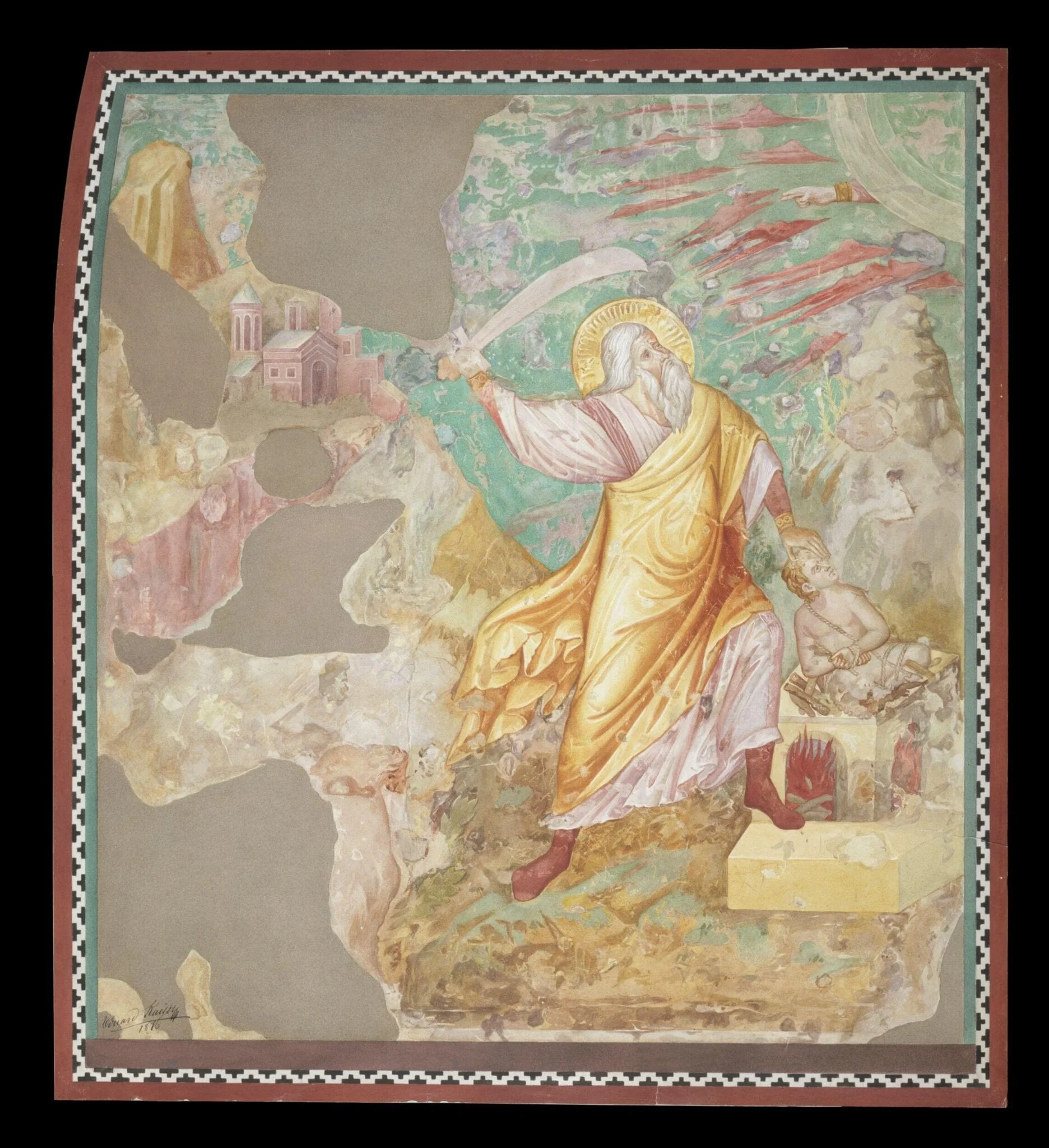 Copy after the painting Abraham Sacrificing Isaac  attributed to Jacobo Torriti in the Upper Church, San  Francesco, Assisi., by Edward Kaiser, watercolor, 1876